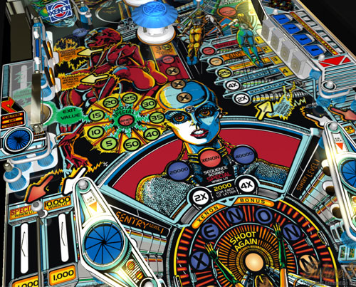 Image of the playfield of a Bally Xenon pinball machine running on Future Pinball.