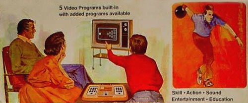 Image from the box of an RCA Studio II console. A 1970's family playing Bowling on their TV alongside the image of a player bowling.