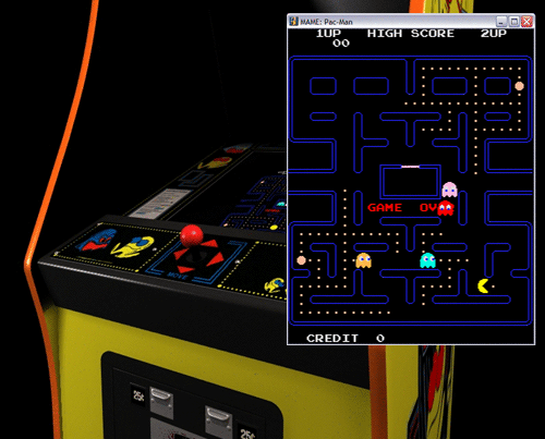 Image of a Pac-Man coin-op arcade machine with an inset picture of Pac-Man running within a window. Pac-Man cabinet rendered by Peter Hirschberg.