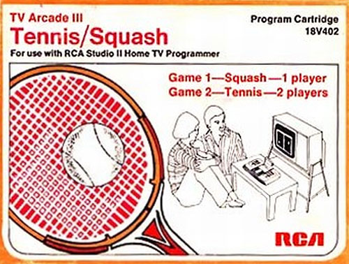 Tennis/Squash game box - image of a red and orange wooden tennis racket alongside a  b/w drawing of a family playing on their RCA Studio II  Television Game.