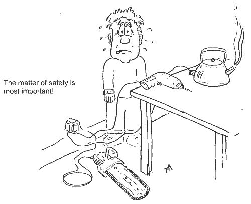 Cartoon of a scared looking person next to an overloaded power socket with chain saw, drill and boiling kettle. Text reads, 