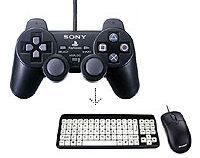 Image of a Dual-Shock joypad above a mouse and keyboard.