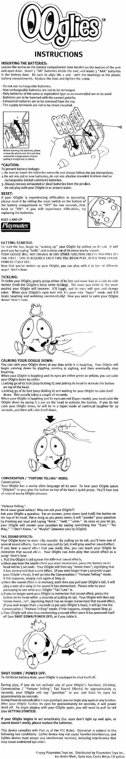 OOglies instructions (c) 1999 Playmates Toys Inc.