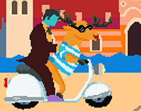 Dracula Cha Cha one switch game screen shot. Image of green Dracula riding a scooter with a Reindeer in Venice.