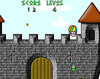A sheel about to throw a beach ball down from the top of a castle to those below.
