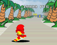 Retro sprite scaling view of a road surrounded by palm trees. Red creature on a floating jet board in view.