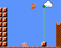 A blocky 8-bit Mario jumps from a high tower of blocks towards the end level flag. A beautiful blue sky, a cloud and below a spiky creature.