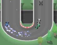 Over-head view of a U-bend on a retro race track with skidding car.