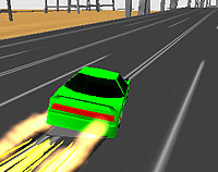 View of a 1980s style green sports saloon car racing along a slot-track with a blaze of smoke and light behind.