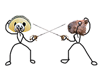 A Panda bear in sombrero fencing against a rodent with monocle.