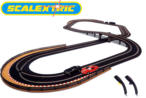 Scalextric looping track with two sporty cars.