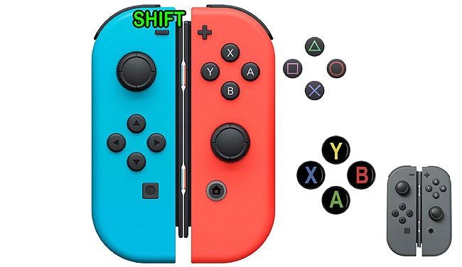 Two Joy-Con controllers pushed together to make a one-handed controller.