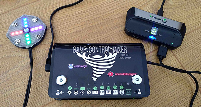 GCM100 Game Control Mixer with LED compass and Titan Two adapter. Assistive Technology for Accessible Gaming.