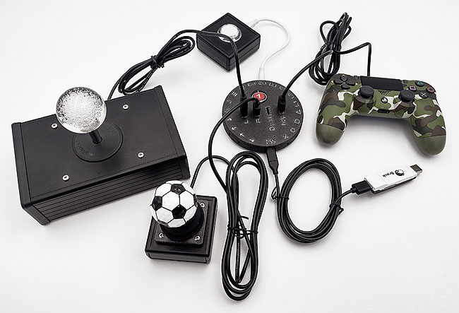Catch 22 interface (HID Remapper v6) with various switch and joystick accessories.