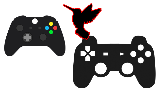 Lightweight light pressure sensitive video game controls. Image of Xbox and Playstation gamepads with a humming bird.