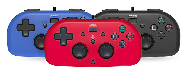 HORI mini lightweight controller in red, black and blue.