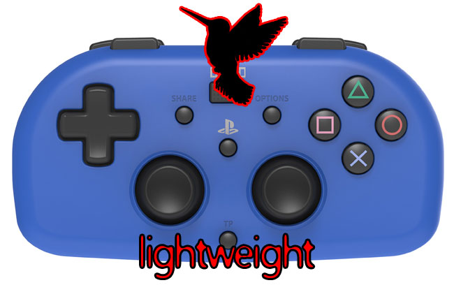 PS4 HORI mini Lightweight sensitive light pressure game controller. Image of controller includes the outline of a humming bird.