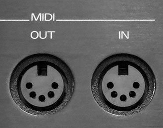 MIDI in and out sockets, DIN style.