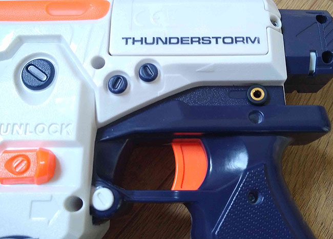 Close up of NERF Thunderstorm battery compartment and accessibility switch socket.