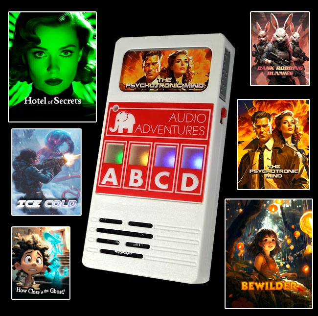 Audio Adventures hand-held games machine surrounded by various game cartridge art work. Lots AI created.