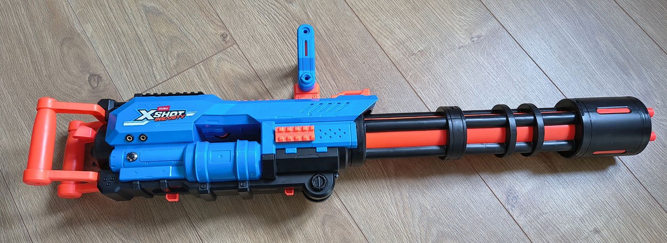 Full view of the switch adapted Xshot Insanity foam dart gun from OneSwitch.org.uk