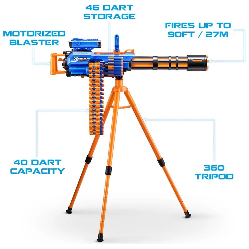 Xshot insanity huge blue and orange gatling gun on orange tripod.