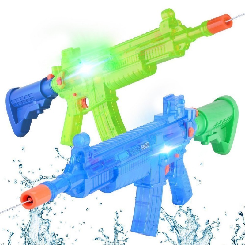 Green and blue switch accessible adapted battery powered water pistols.