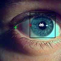 Eye Gaze: Mock up image of an eye tracker, trackign an eye, with a space invader in the pupil.