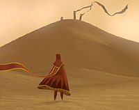 Image of a sand dune and robed figure in the foreground from the game Journey. Made accessible with two-switches.
