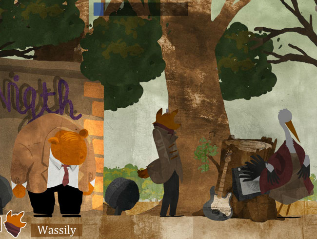 4Ways 4Ward screenshot. Beautifully inked scene of four anthropomorphic animals, smartly dressed facing the same way, surrounded by a tree, night-club, guitar and amp and open sky.