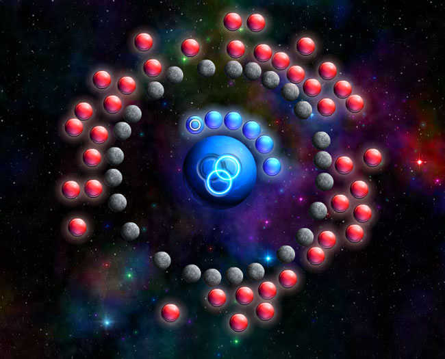 Catchy Orbit screenshot. Coloured red, blue or grey spheres against a galaxy backdrop.