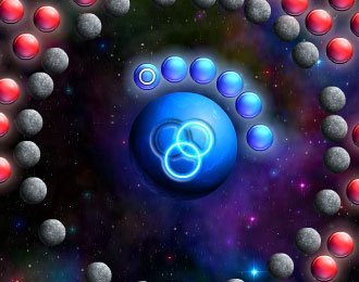 To a Galaxy backdrop, a range of blue, red and grey spheres.