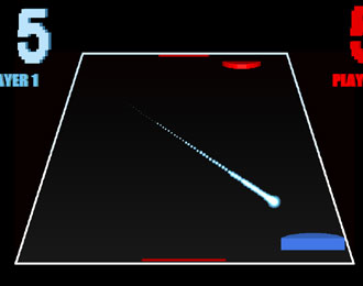 A sparse video game view of an air hockey table.