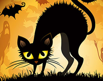 Halloween cat and bat against a moon.