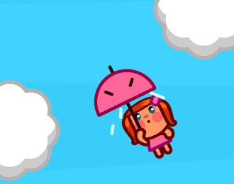 Flying Miss Meteo with an umbrella in the sky.