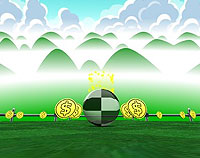 Black and white ball. Green flat grass area with yellow coin targets. Misty hills in the distance.