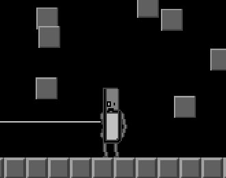 Robot with laser beam in a metallic world of falling blocks.