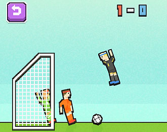 Pixelated football game. Bright colours side view of lego like football players. One flying in the air.