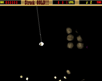 16-bit style crane/mining game. A claw on a cable fishing for boulders and gold.