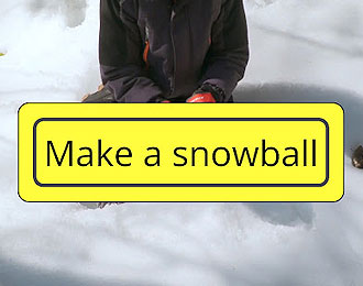 Tarheel gameplay image of Children's Games. A child on their knees about to make a snowball. Promt asks, make a snowball?
