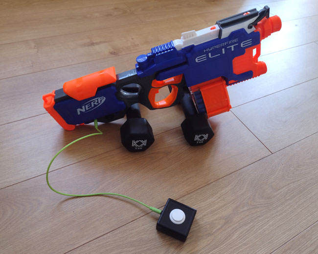 NERF HyperFire switch adapted large plastic toy sentry gun.