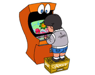 Boosted gamer. Cartoon of a small child standing on a crate so they can play an upright arcade game.