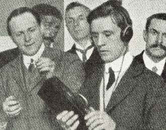 View of a 1912 Optophone device being worn by a blind man in London.