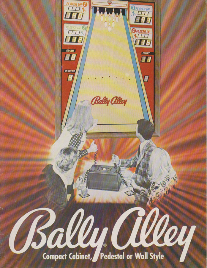 4 players each with a thumb-button controller playing on a gigantic verticle Bally Alley wall-game.