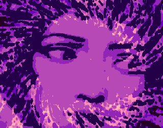 Woman looking right in a purple swirl.