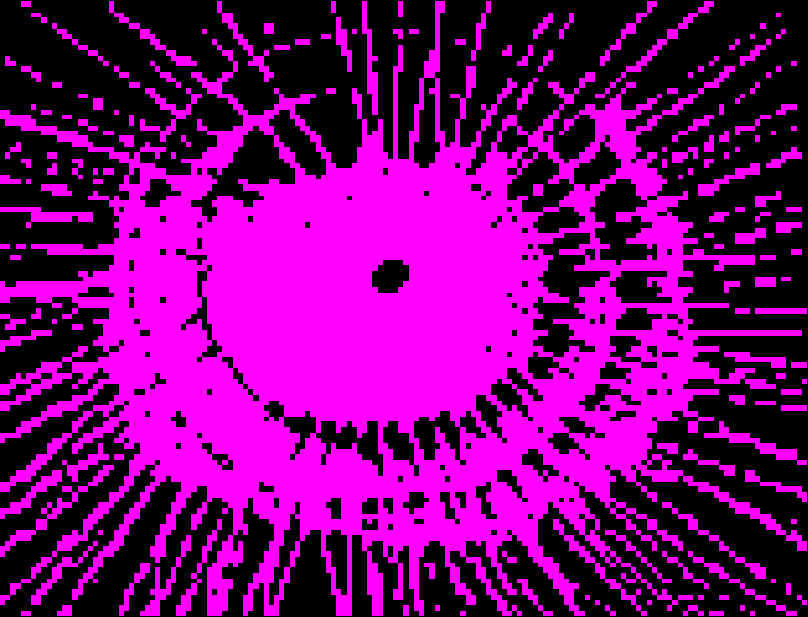 A pink digitised image of a paint spiral. Created using a single switch by Claire Sutton.