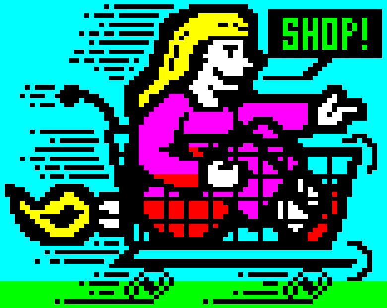 One Switch Shop Teletext art. A woman in a rocket powered shopping trolley pointing forwards, exclaiming 