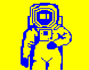 A space man in a 1969 space suit against a yellow back ground.
