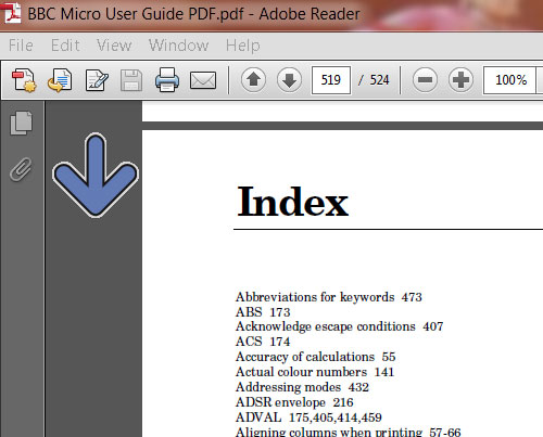 Image of the index page of a PDF document, with a blue arrow pointing down the page.