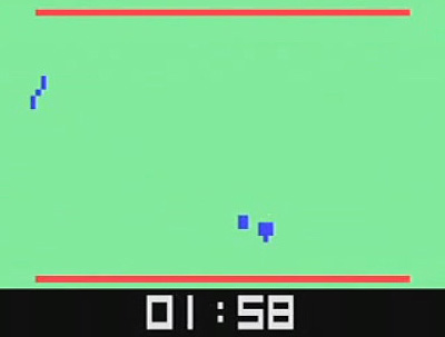 Videocart 1 multi-cart from 1976 for the Fairchild Channel F.  Screen shot of Shooting Gallery, a green screen with blue objects, and a timer.